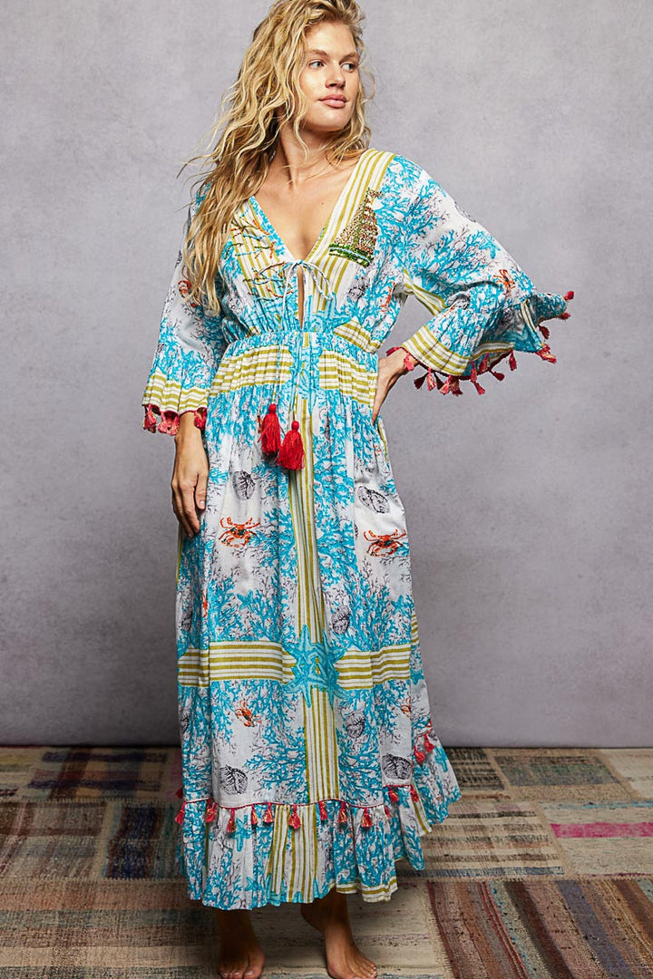 Ivory/Blue Multi Pol Bohemian Print Tassel Trim Maxi Dress