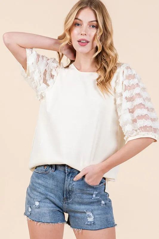 Cream Lime N Chili Full Size Lace Puff Sleeve Round Neck Top Plus Size