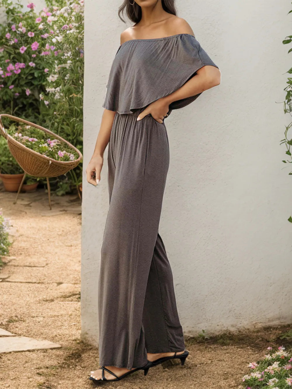 Dark Gray Off Shoulder Wide Leg Jumpsuit