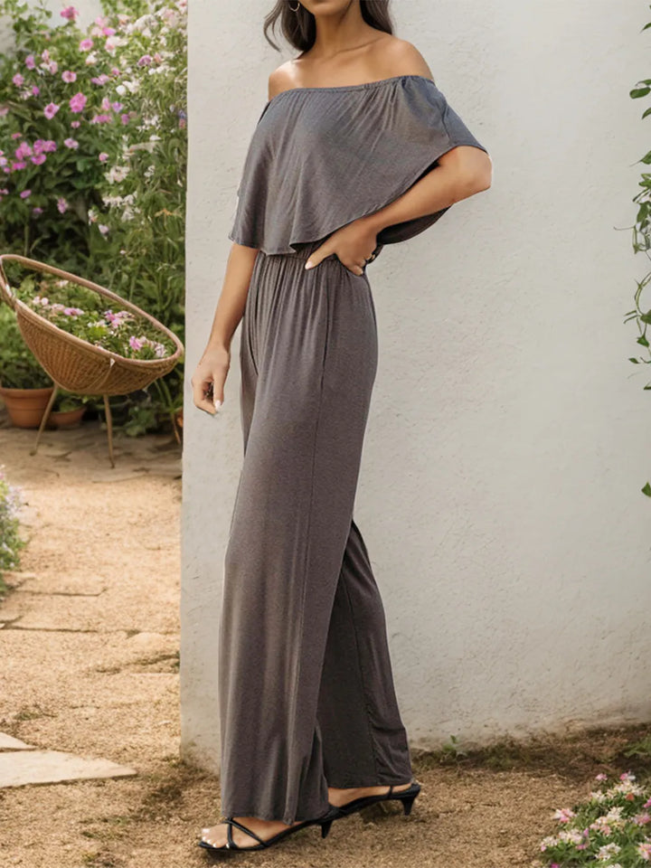 Dark Gray Off Shoulder Wide Leg Jumpsuit