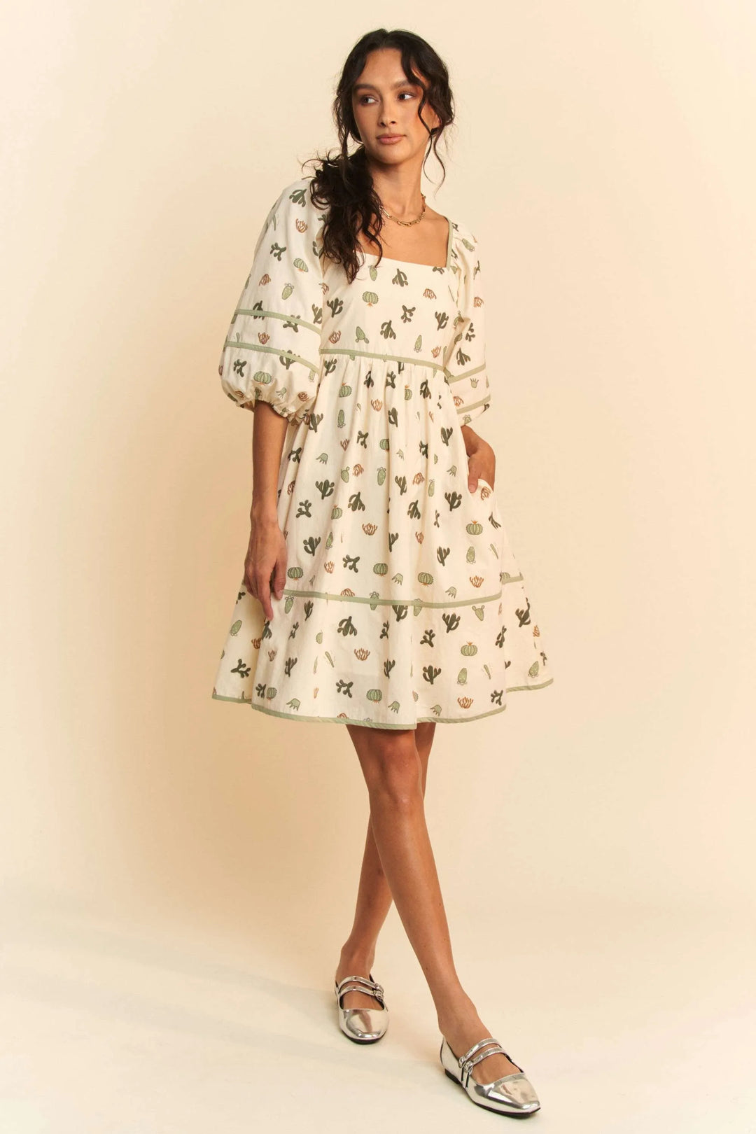Davi Dani Cactus Printed Poplin Contrast Piping Mini Dress