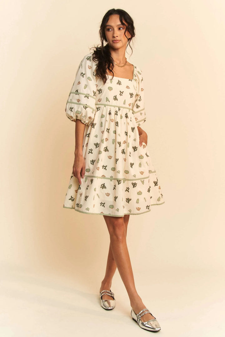 Davi Dani Cactus Printed Poplin Contrast Piping Mini Dress