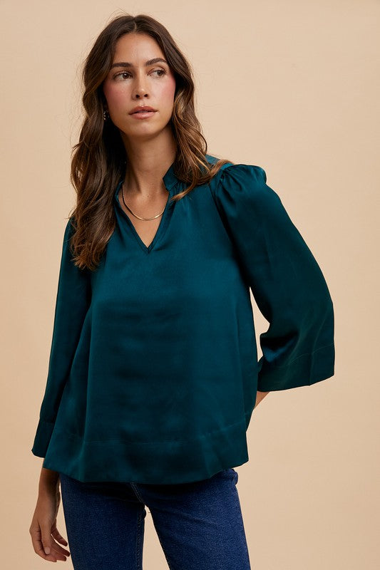 Deep Teal Annie Wear Satin Notched Three Quarter Sleeve Blouse