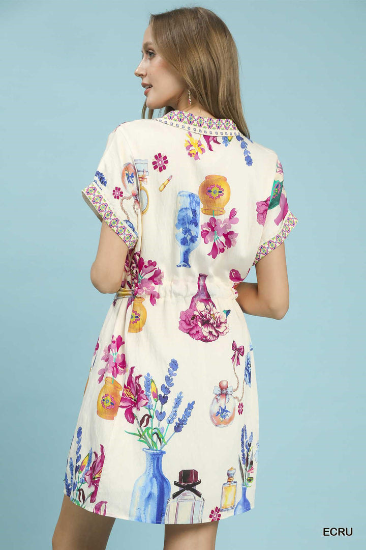 Ecru Umgee Floral Print Mini Dress With Belt