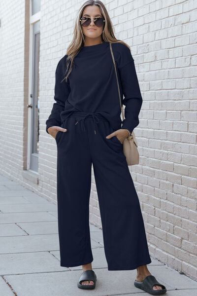Brown Double Take Full Size Textured Long Sleeve Top And Drawstring Pants Set