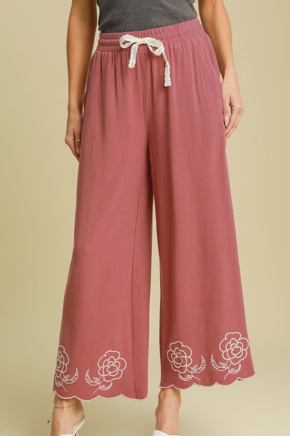 Dusty Pink Umgee Full Size Linen Blend Wide Leg Pants With Scalloped Hemline Plus Size