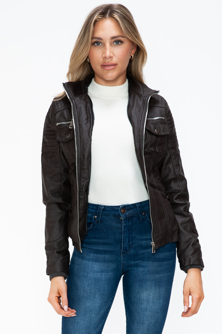 Ymi Removable Faux Layered Multi Pocket Jacket With Fuzzy Hood 3
