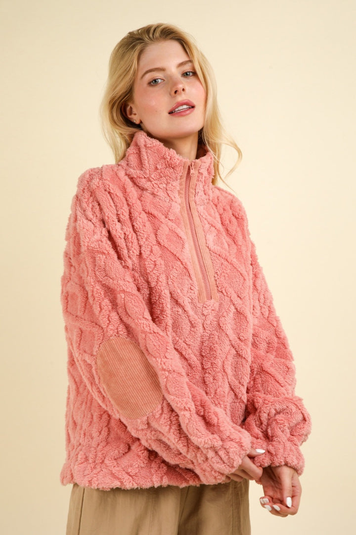 Blush Very J Fuzzy Fleece Half Zip Cable Pattern Sweatshirt