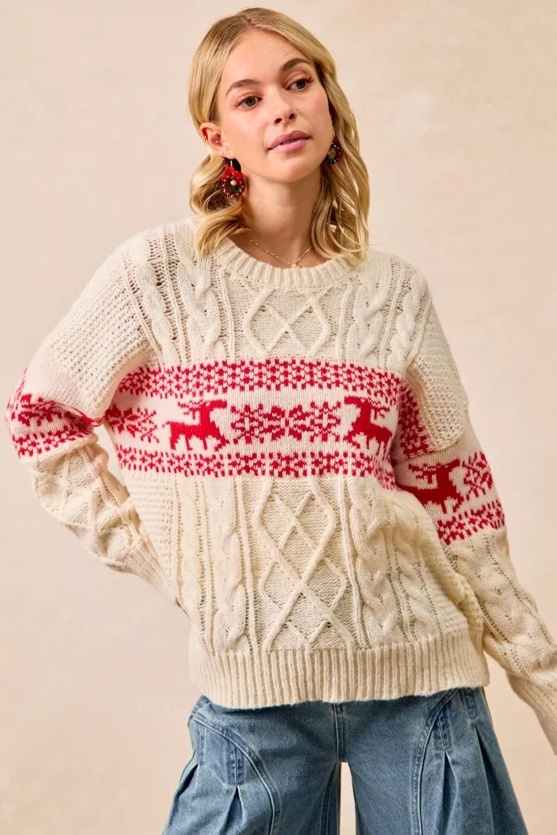 Bibi Christmas Theme Patterned Cable Knit Sweater