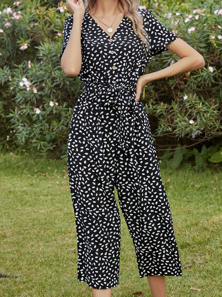 Black Ivy Lane Printed V Neck Short Sleeve Jumpsuit