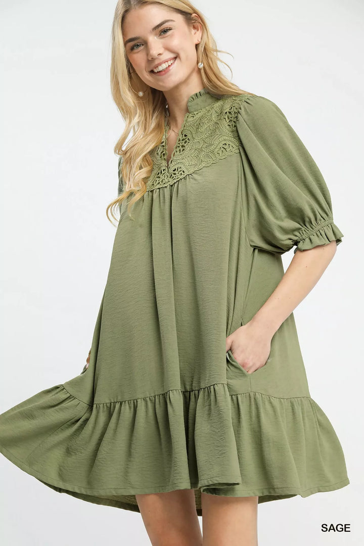 Sage Umgee Lace Yoke Tiered Mini Dress