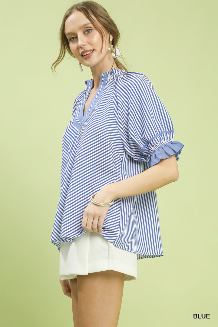 Blue Umgee Stripe Ruffle Sleeve Split Neck Blouse