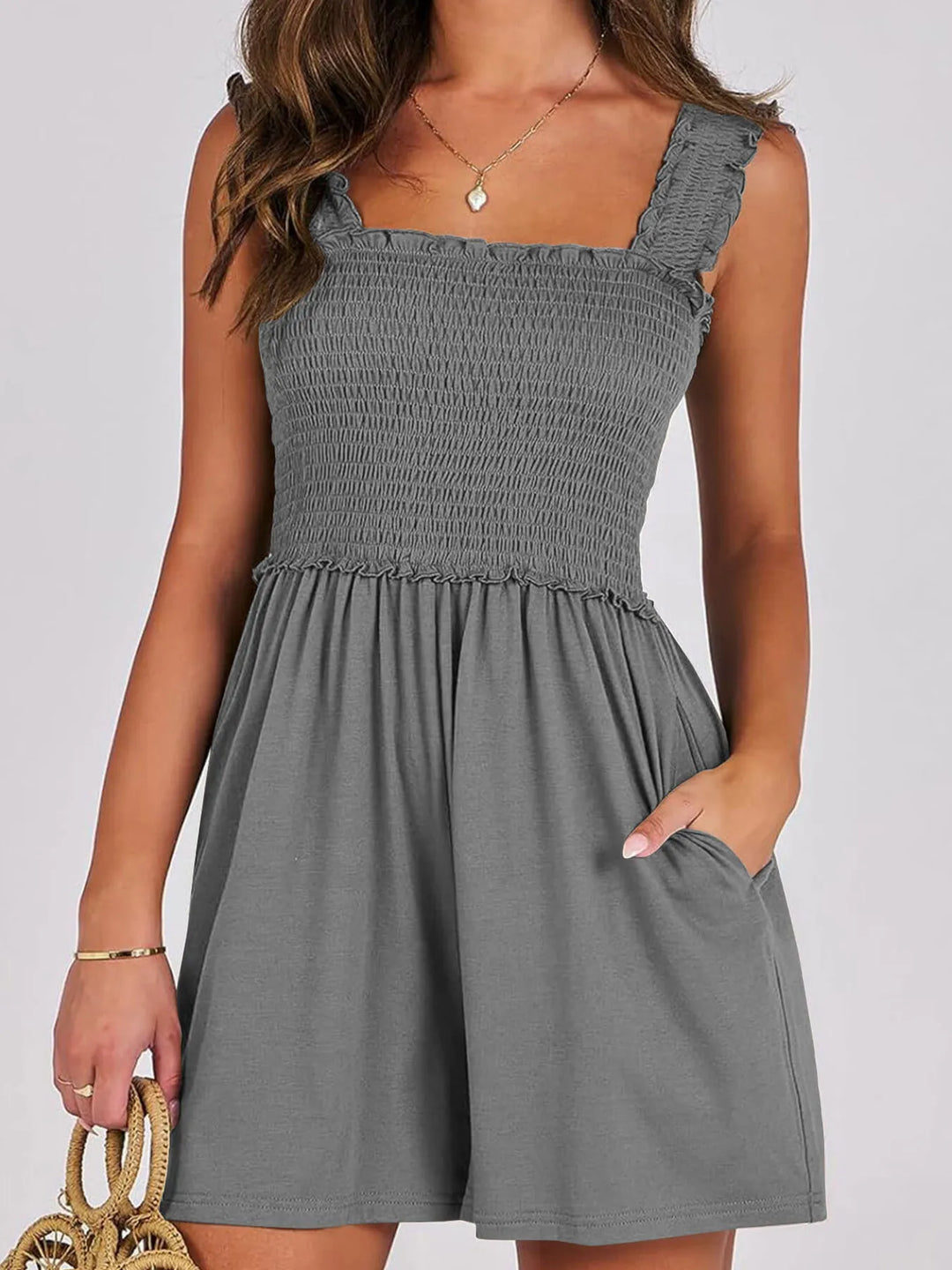Dark Gray Smocked Square Neck Summer Romper