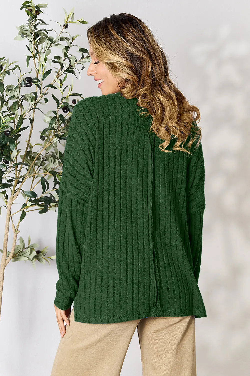 Dark Green Basic Bae Full Size Ribbed Round Neck Slit Knit Top