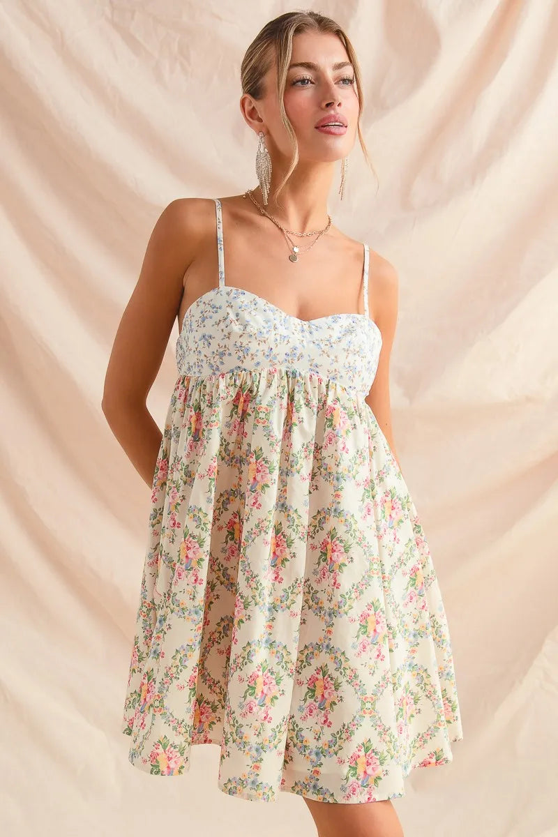 Cream Combo So Me Mixed Floral Print Sleeveless Mini Dress