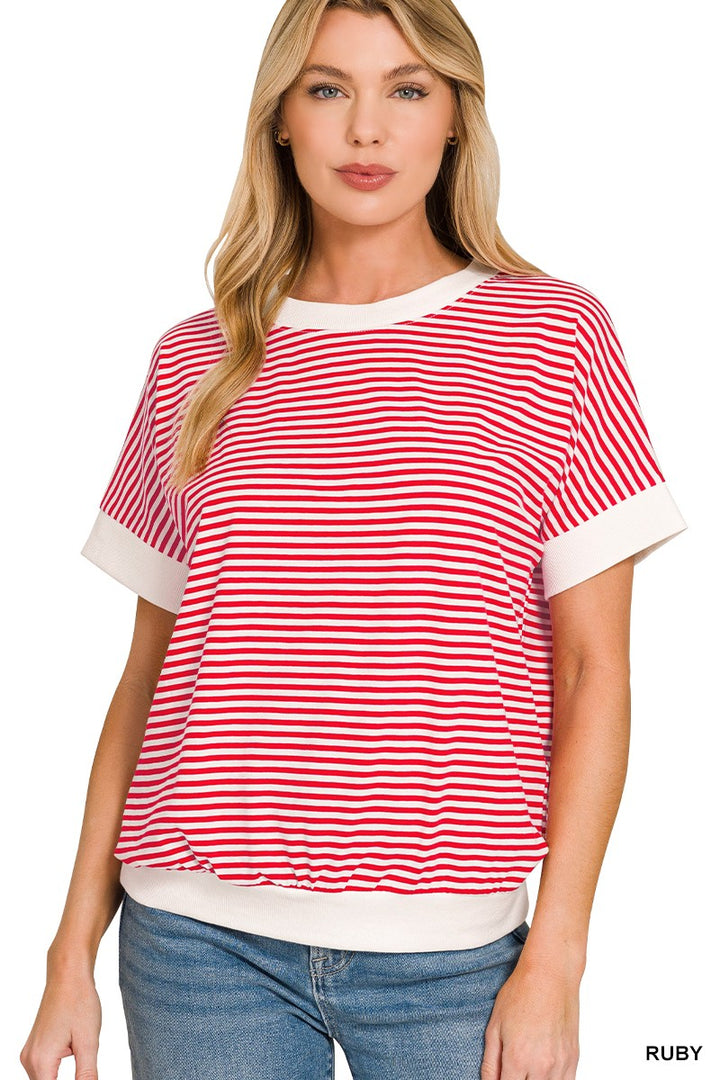 Ruby Zenana Stripe Contrast Trim Banded Bottom Top