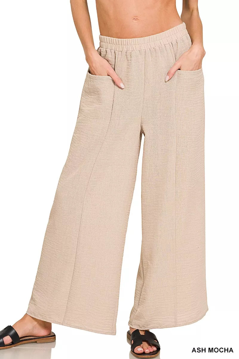 Ash Mocha Zenana Woven Airflow Elastic Waistband Pants 5