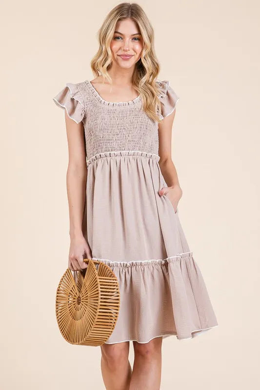 Lime N Chili Ruffle Trim Smocked Dress With Contrast