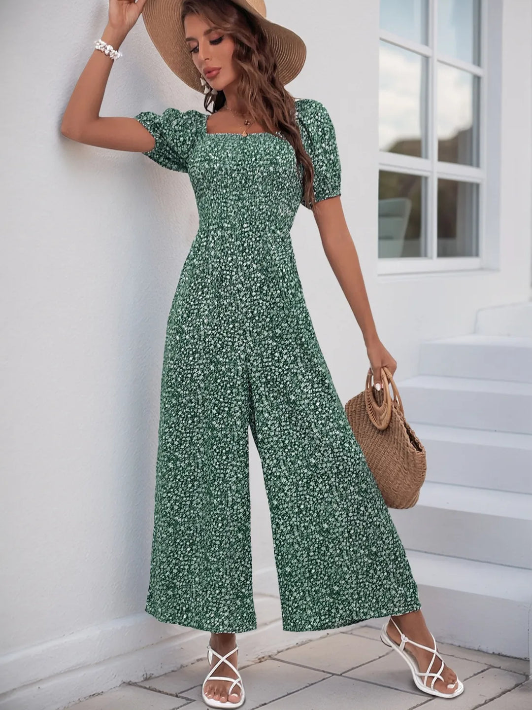 Pale Blush Printed Square Neck Puff Sleeve Jumpsuit 1