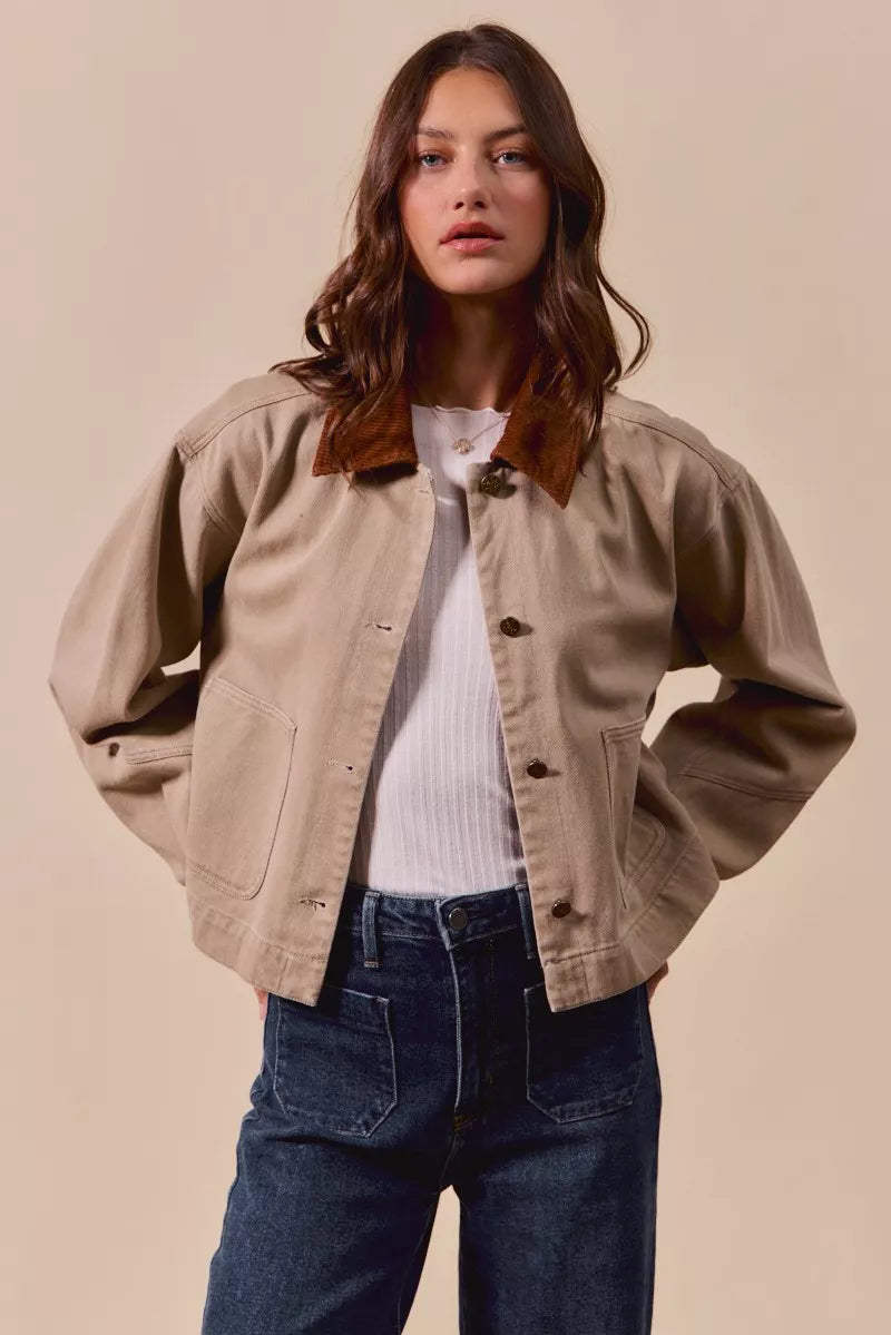 So Me Cotton Twill Cropped Barn Jacket Wtih Collar