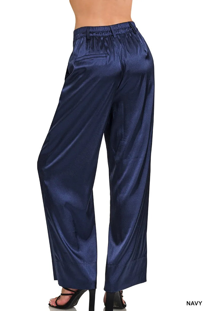 Navy Zenana Wide Leg Satin Pants