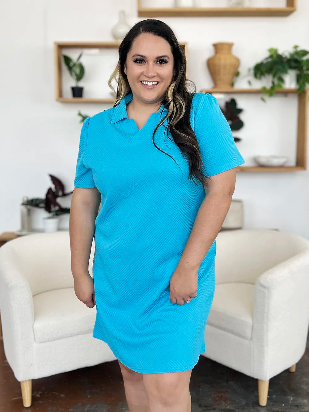 Double Take Full Size Texture Collared Neck Short Sleeve Dress 1