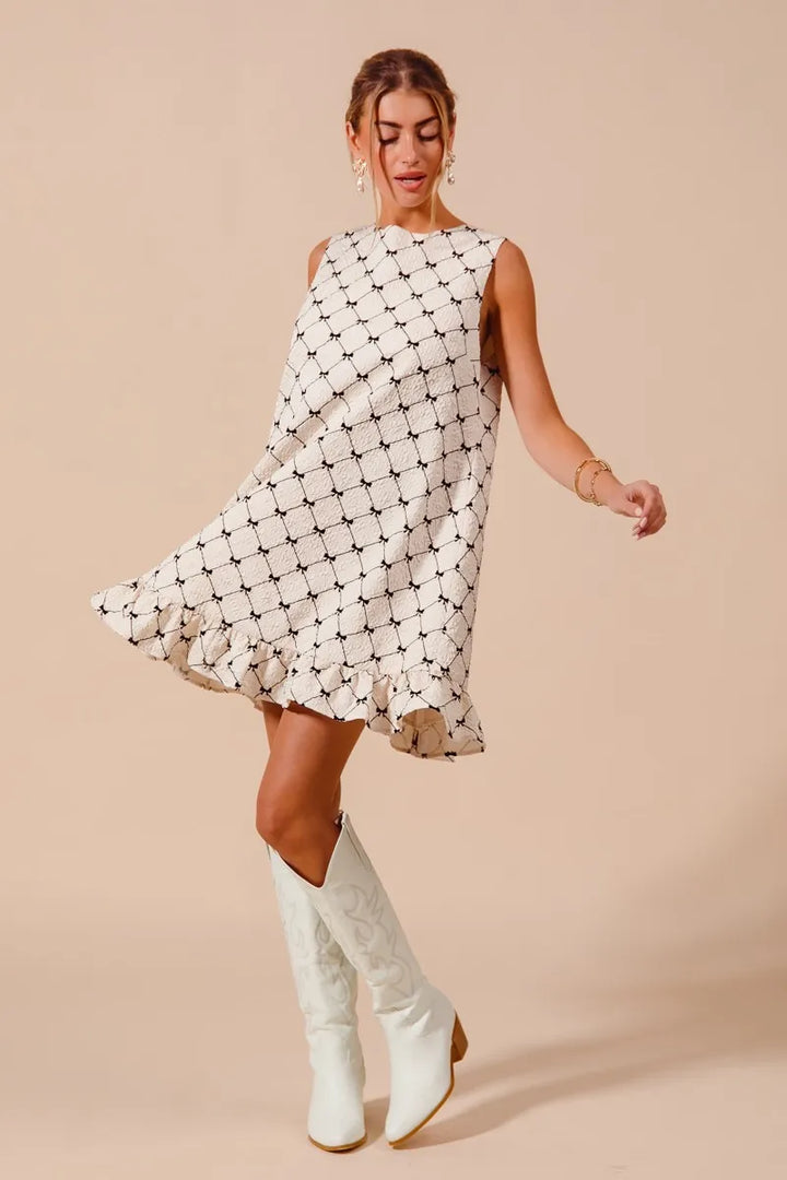 So Me Texture Bow Printed Mini Ruffle Dress