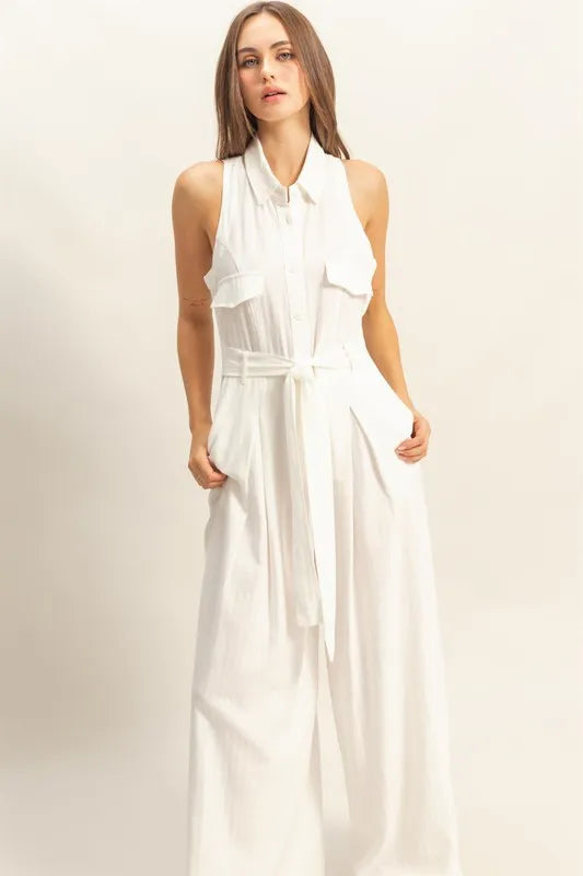 White Hyfve Sleeveless Tie Waist Wide Leg Jumpsuit