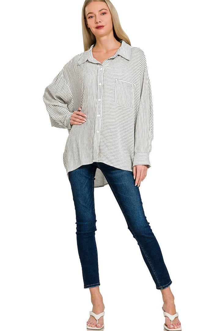 Zenana Woven Stripe Button Down Shirt 1