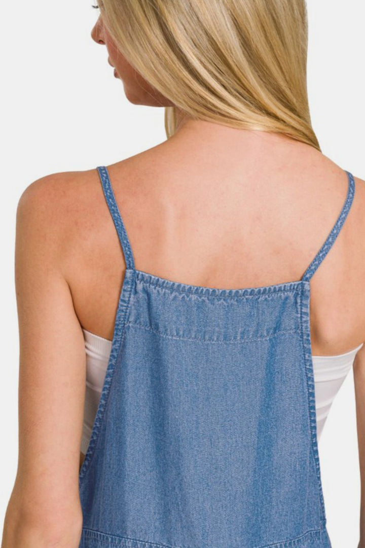Dusty Blue Zenana Washed Adjustable Strap Wide Leg Denim Overalls