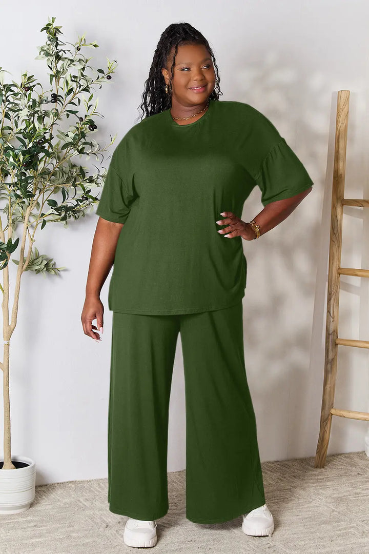 Army Green Double Take Full Size Round Neck Slit Top And Pants Set