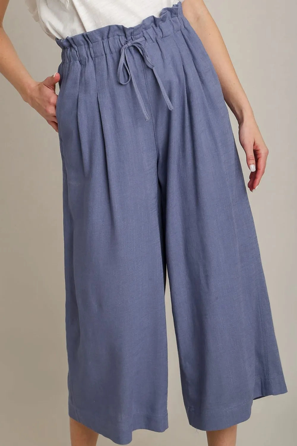 Dusty Blue Umgee Full Size Linen Wide Fit Pants With Drawstring Plus Size
