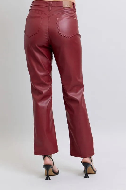 Red Judy Blue Full Size High Waist Tummy Control Faux Leather Straight Pants Plus Size