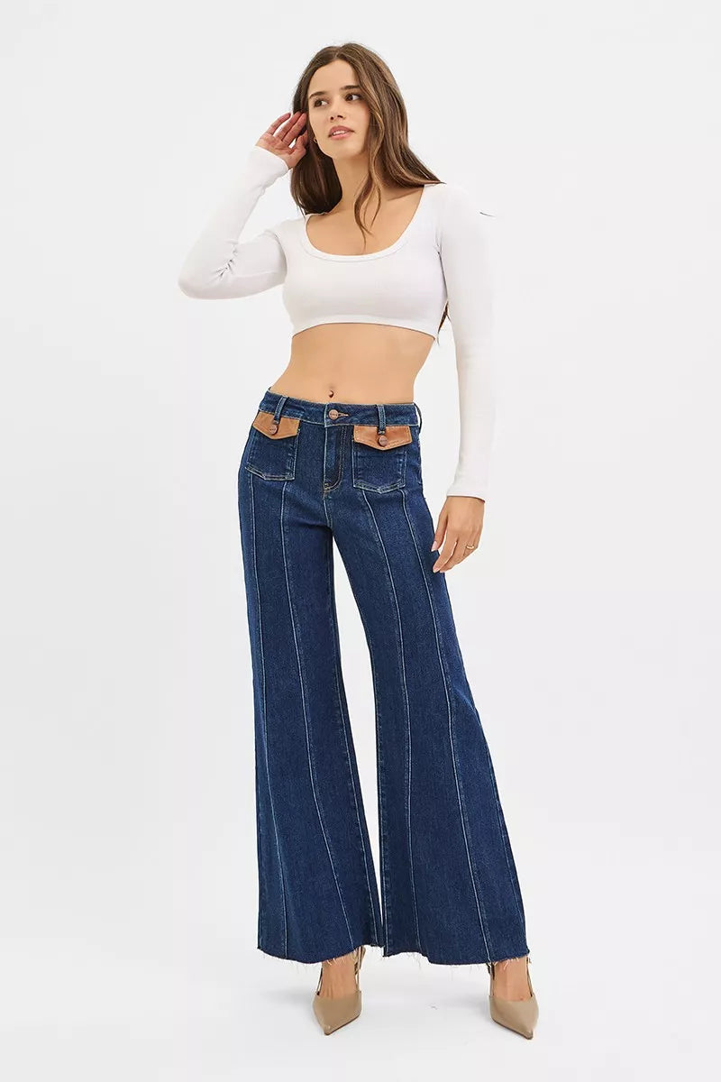 Dark Risen High Rise Wide Flare Jeans With Front Leather Pocket Detail