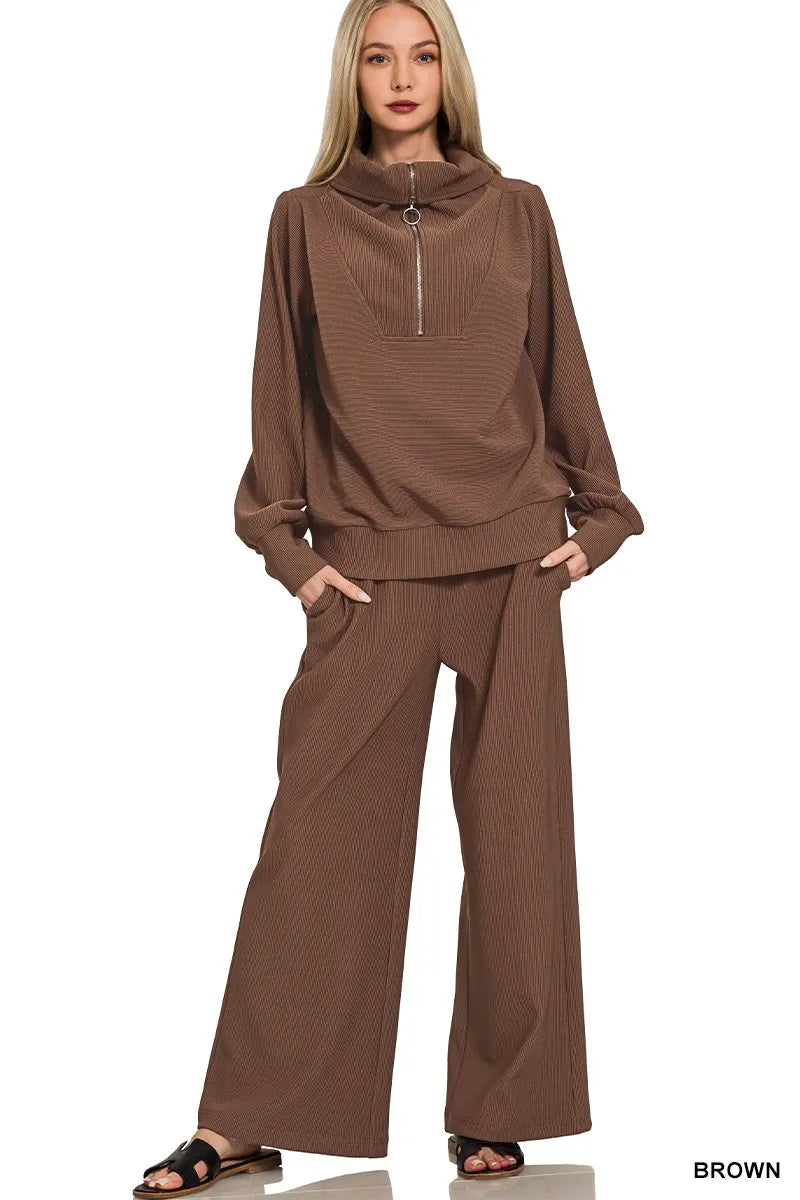 Brown Zenana Ribbed High Neck Half Zip Pullover Pants Set 2