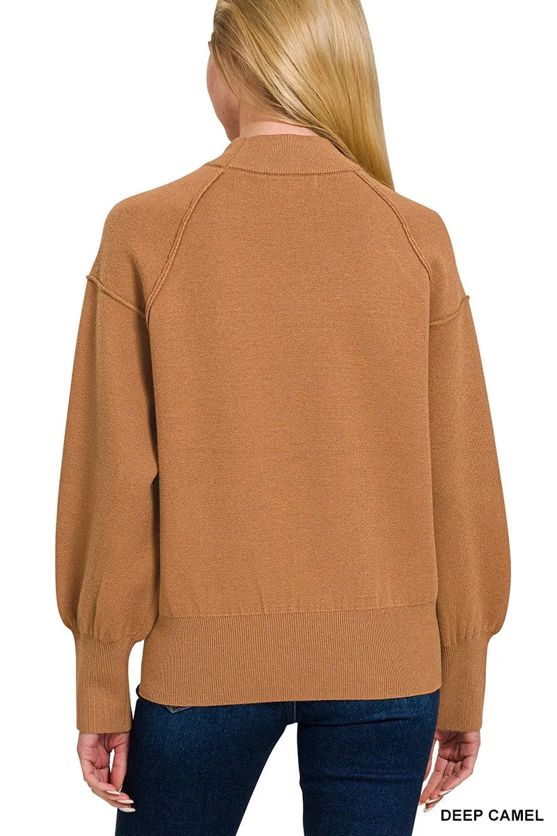 Deep Camel Zenana Viscose Mock Neck Exposed Seam Sweater 6