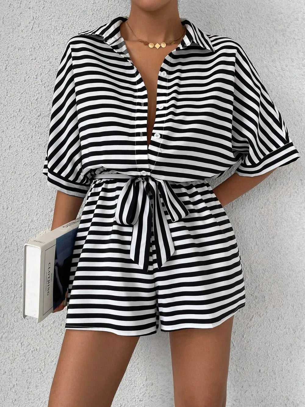 Black Tie Waist Half Button Striped Romper