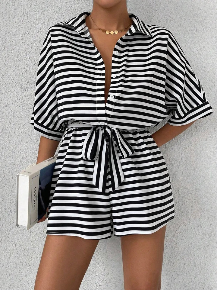 Black Tie Waist Half Button Striped Romper