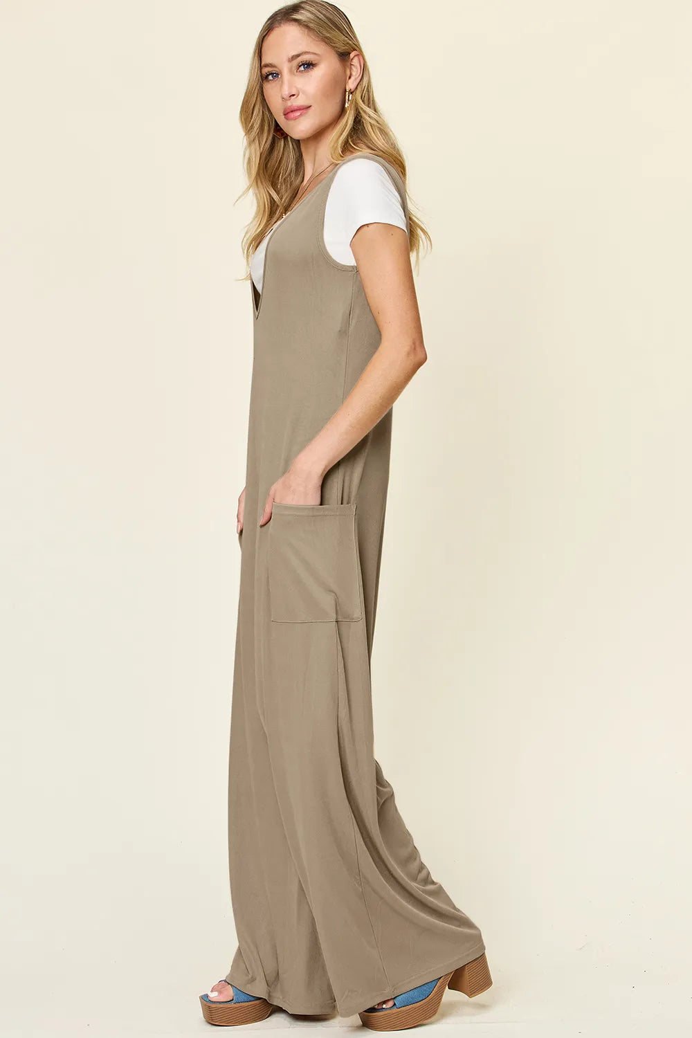 Mocha Double Take Full Size Sleeveless Wide Leg Jumpsuit With Pockets