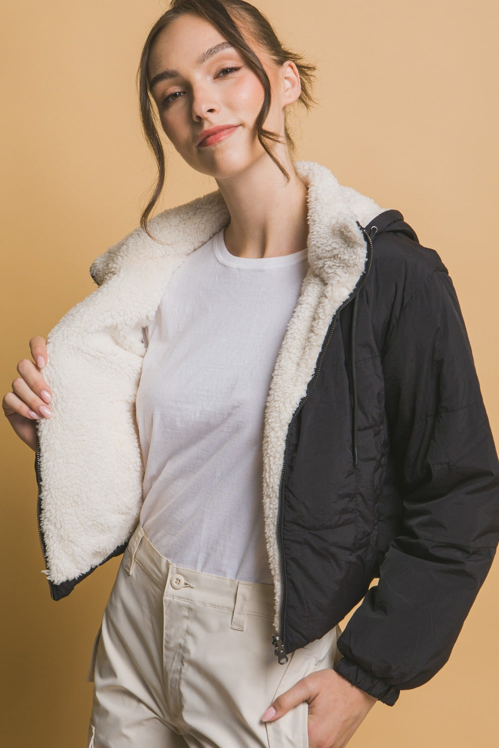 Black Love Tree Zip Up Cropped Hooded Sherpa Reversible Jacket