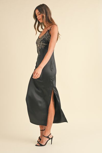 Black Mable Embroidered Cami Satin Midi Slit Dress