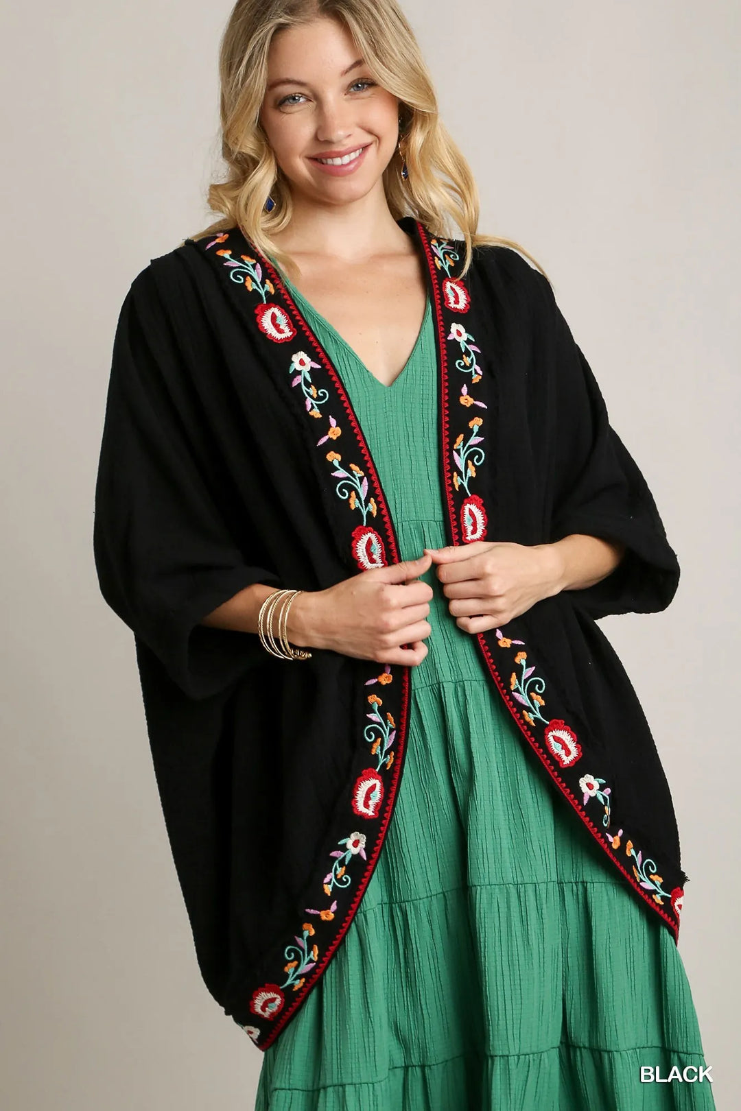 Black Umgee Embroidery Open Front Kimono With Pleated Shoulder Detail