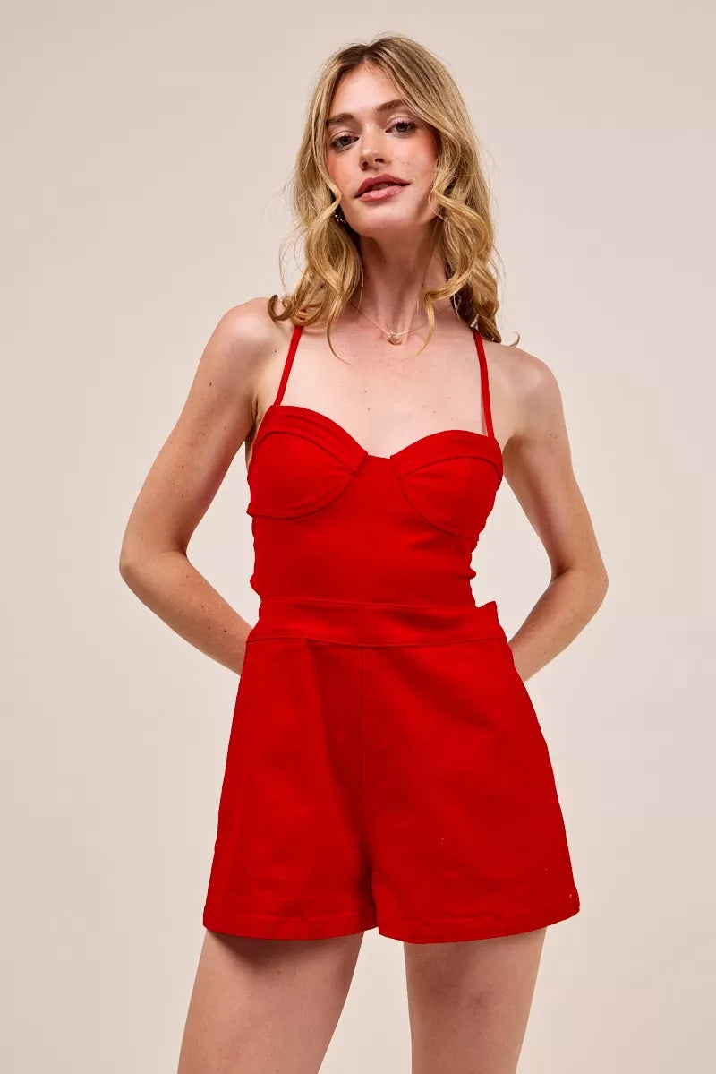 Red So Me Fitted Open Back Game Day Romper With Lace Up Deta