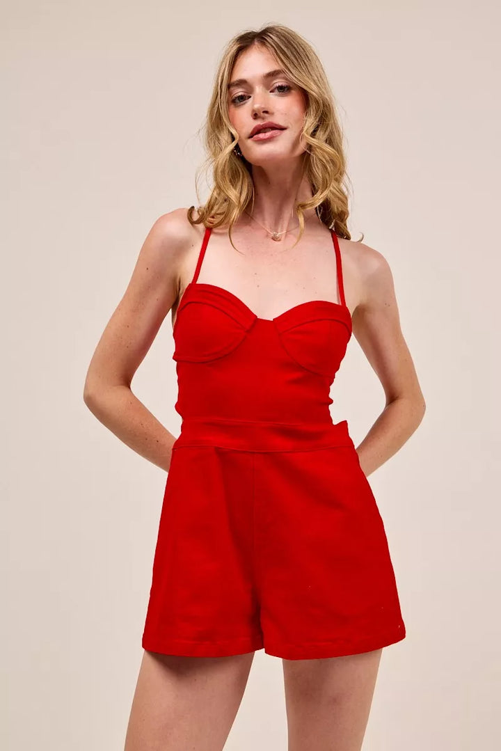 Red So Me Fitted Open Back Game Day Romper With Lace Up Deta