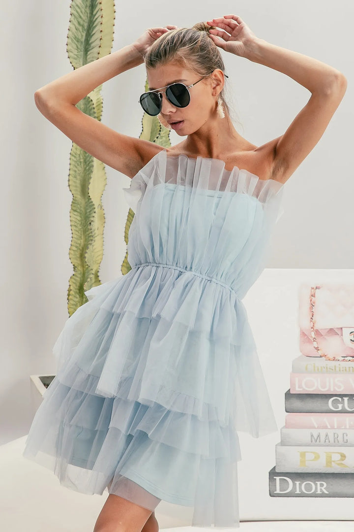 Sky Blue Bibi Sleeveless Layered Organza Dress