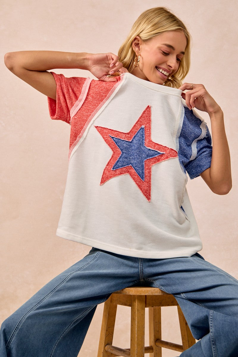 Bibi Contrast French Terry Cut Edge Detail Fourth Of July Theme T Shirt