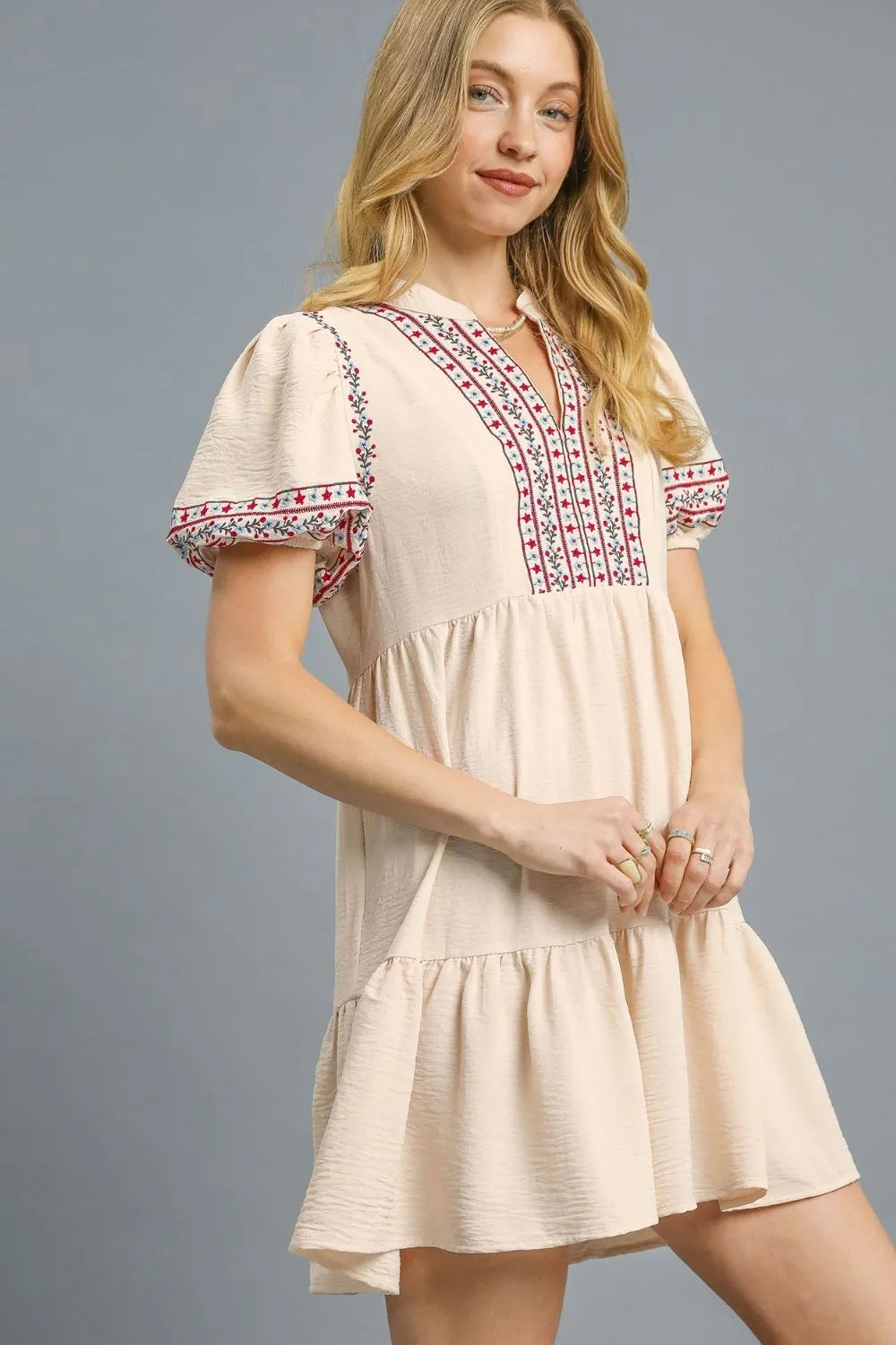 Tan Umgee Floral Trim Puff Sleeve Mini Dress 1