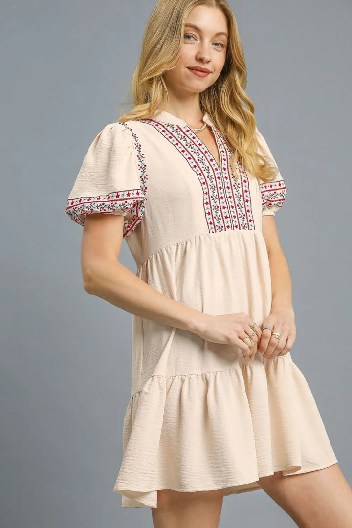 Tan Umgee Floral Trim Puff Sleeve Mini Dress 1