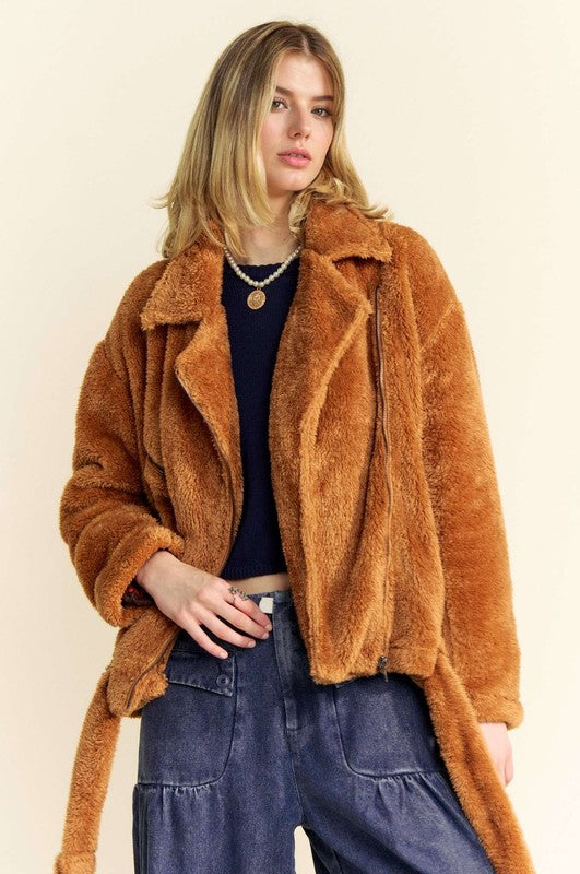 Brown Davi Dani Fuzzy Zip Up Collared Neck Jacket