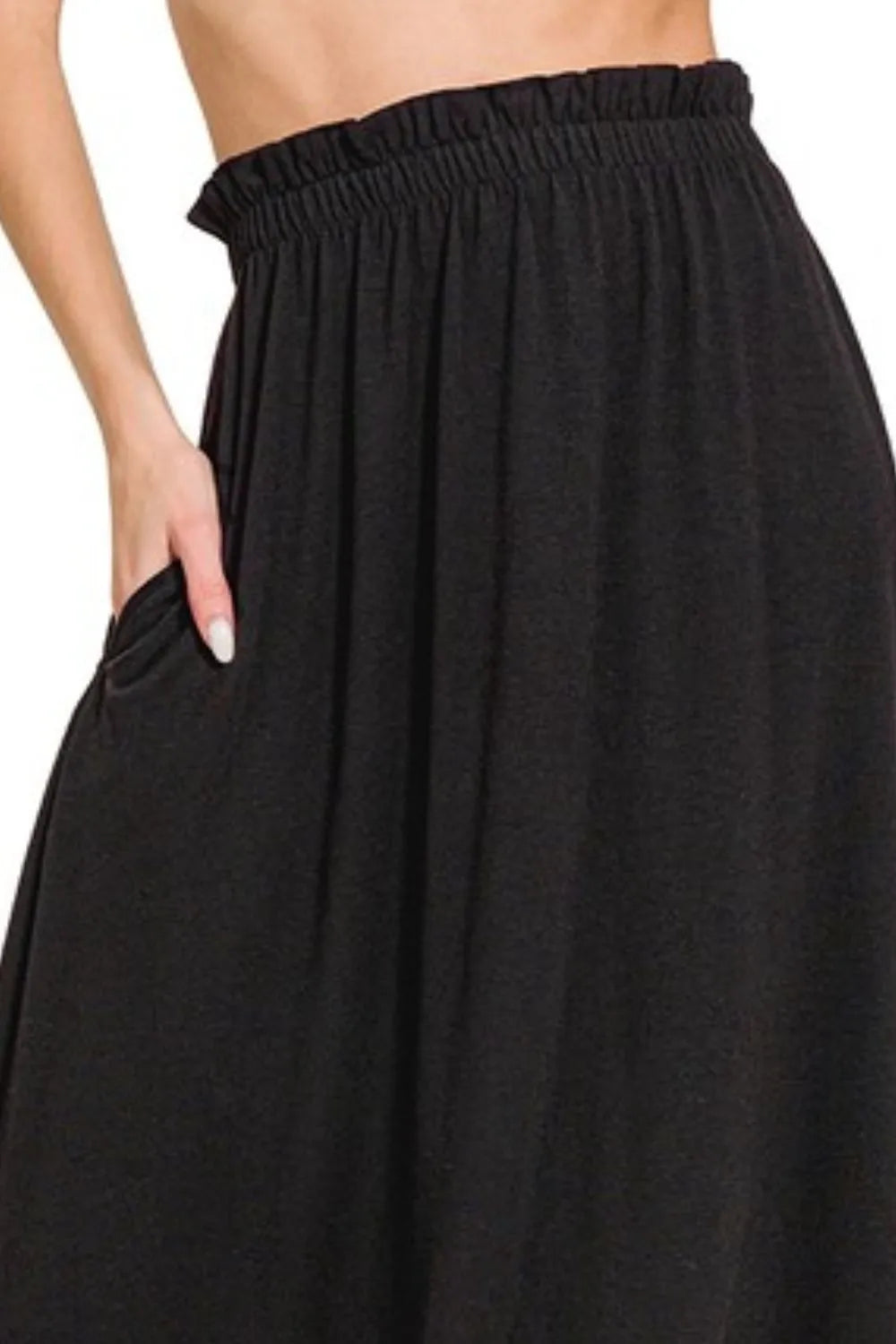 Black Zenana Paperbag Waist Midi Skirt With Pockets